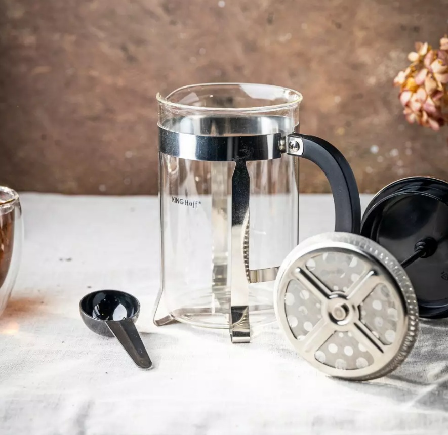 French press King Hoff KH-4837 – sklenená kanvica 600 ml na kávu a čaj s nerezovým piestom