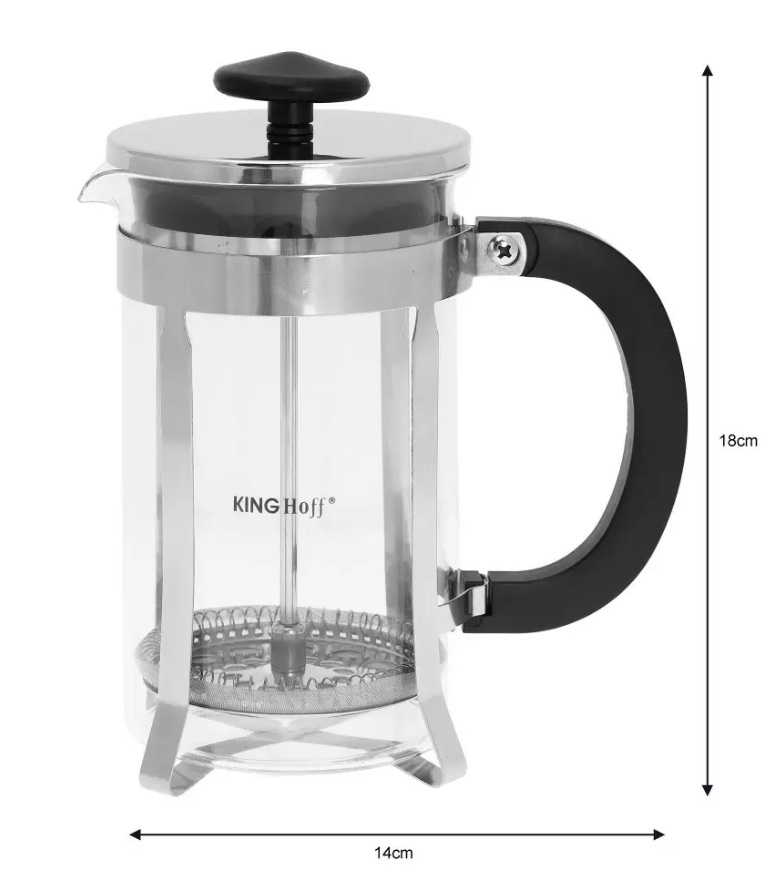 French press King Hoff KH-4837 – sklenená kanvica 600 ml na kávu a čaj s nerezovým piestom
